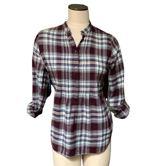 Lands' End Wm Plaid Cotton Flannel Pintuck Button Blouse Sz 6 Roll Tab 210H - Picture 3 of 9